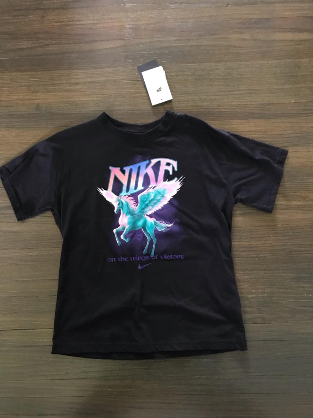 Nike Black Kids Pegasus Graphic Tee with Teal & Pink Print - Picture 3 of 5